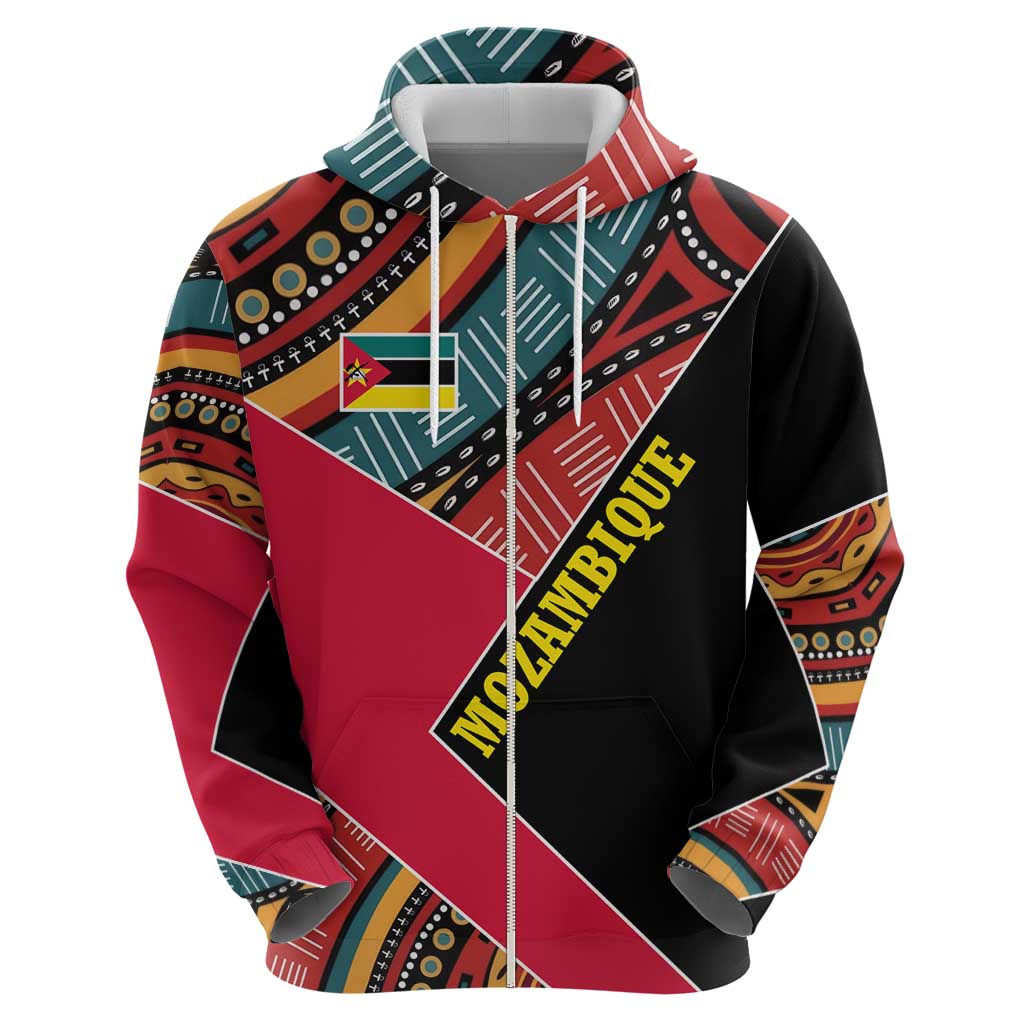 Mozambique Zip Hoodie with Red Black Geometric Design and Tribal Pattern - Wonder Print Shop