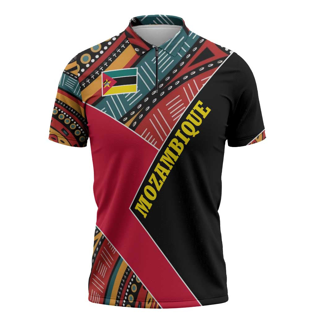 Mozambique Zipper Polo Shirt with Red Black Geometric Design and Tribal Pattern - Wonder Print Shop