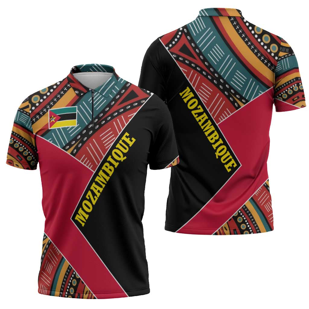 Mozambique Zipper Polo Shirt with Red Black Geometric Design and Tribal Pattern - Wonder Print Shop