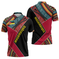 Mozambique Zipper Polo Shirt with Red Black Geometric Design and Tribal Pattern - Wonder Print Shop