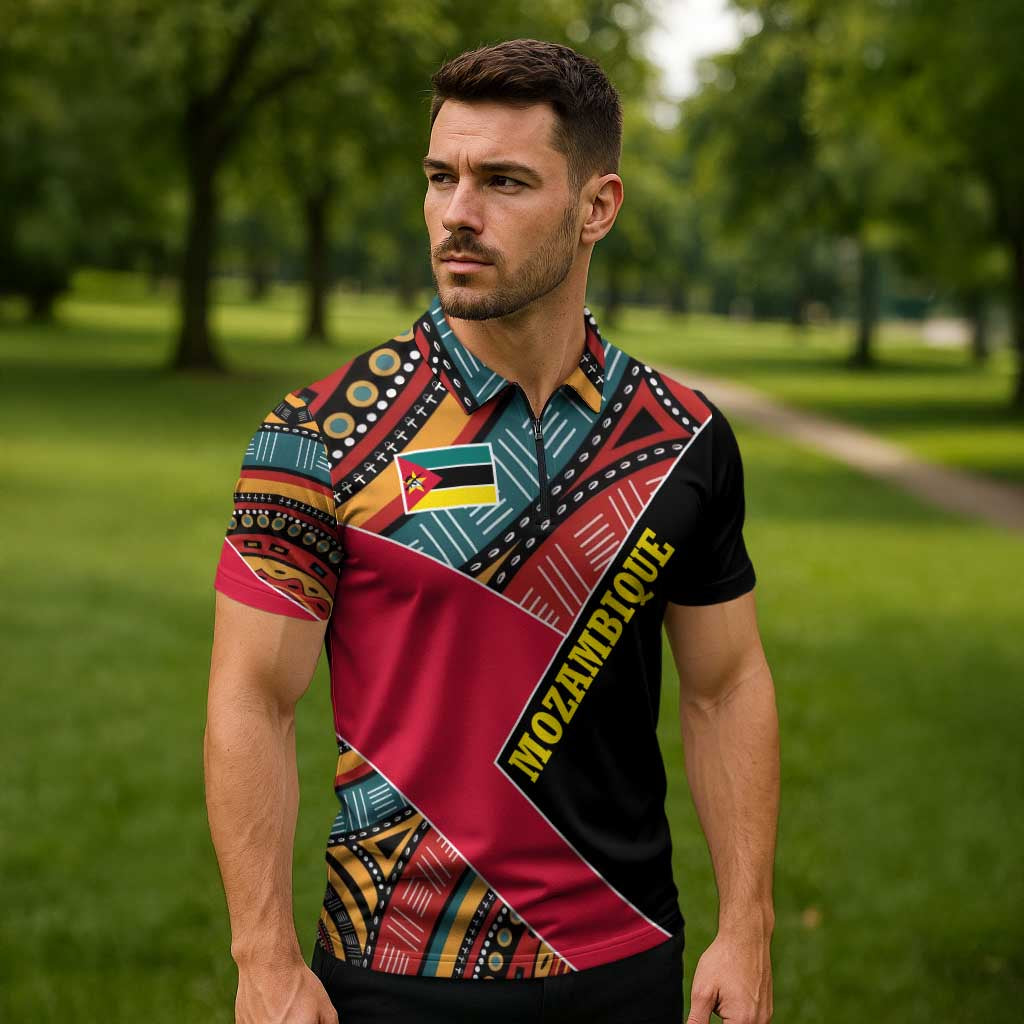 Mozambique Zipper Polo Shirt with Red Black Geometric Design and Tribal Pattern - Wonder Print Shop