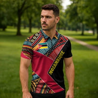 Mozambique Zipper Polo Shirt with Red Black Geometric Design and Tribal Pattern - Wonder Print Shop