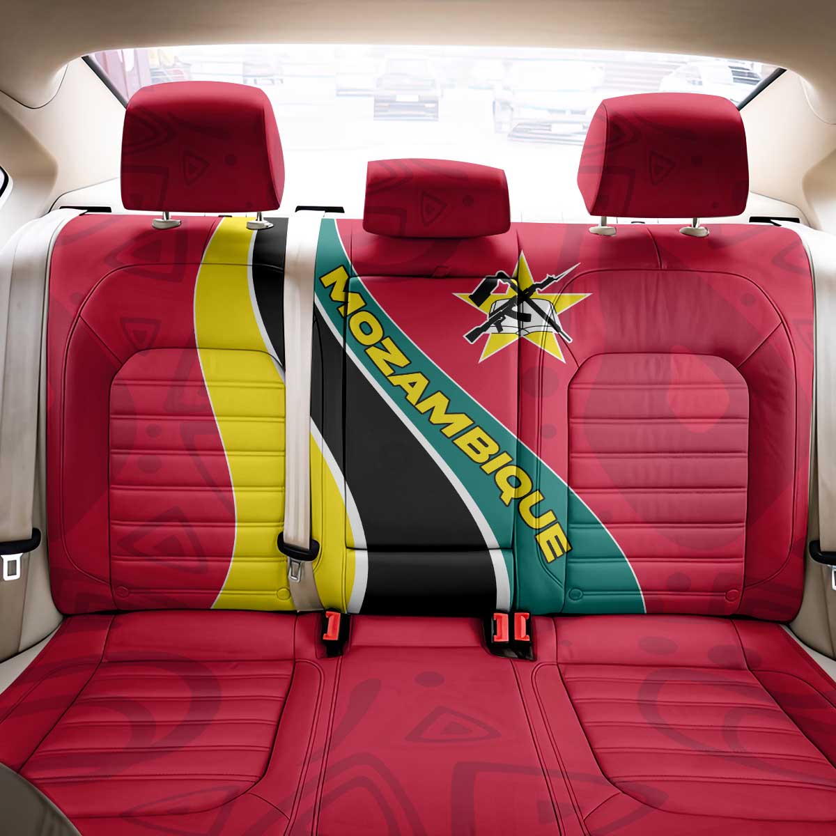 Mozambique Back Car Seat Cover with Red Yellow Green Wave Design and National Emblem - Wonder Print Shop