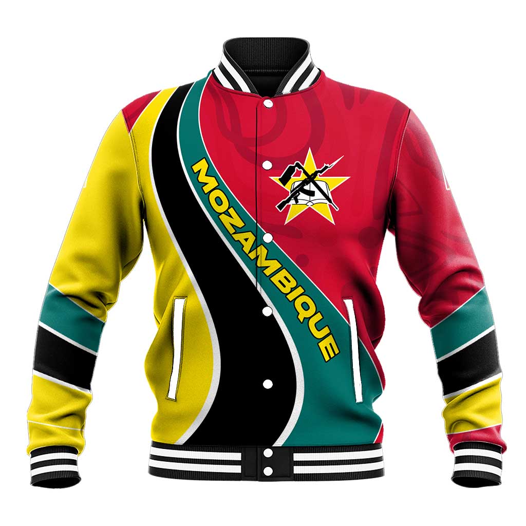 Mozambique Baseball Jacket with Red Yellow Green Wave Design and National Emblem - Wonder Print Shop