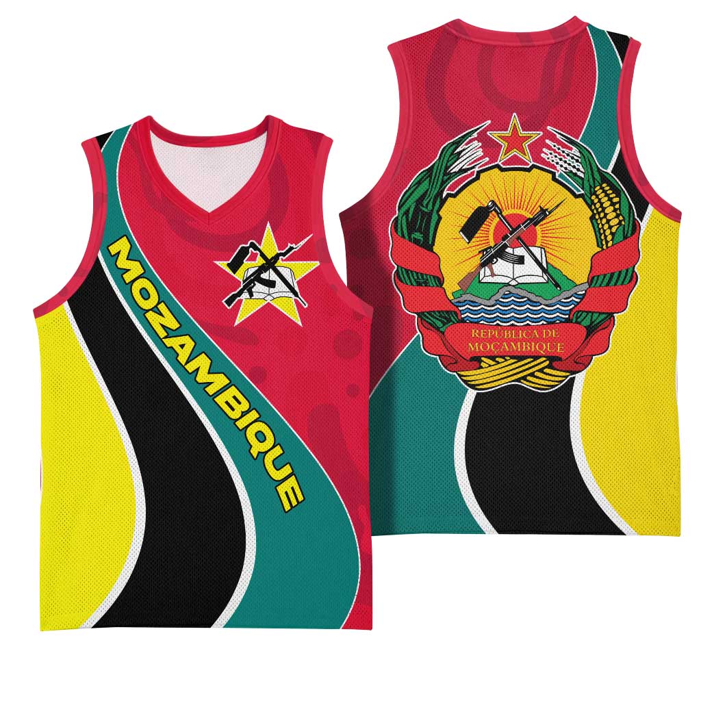Mozambique Basketball Jersey with Red Yellow Green Wave Design and National Emblem - Wonder Print Shop