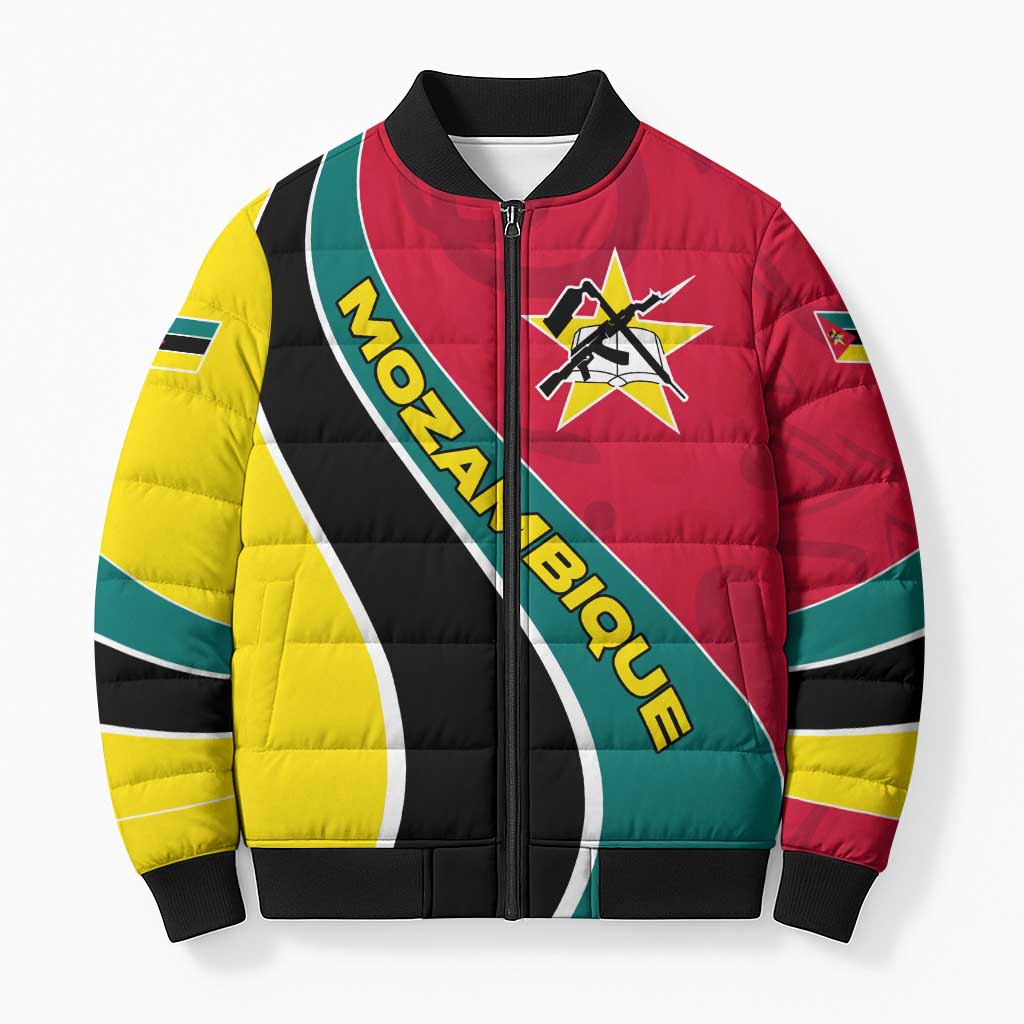 Mozambique Bomber Puffer Jacket with Red Yellow Green Wave Design and National Emblem - Wonder Print Shop