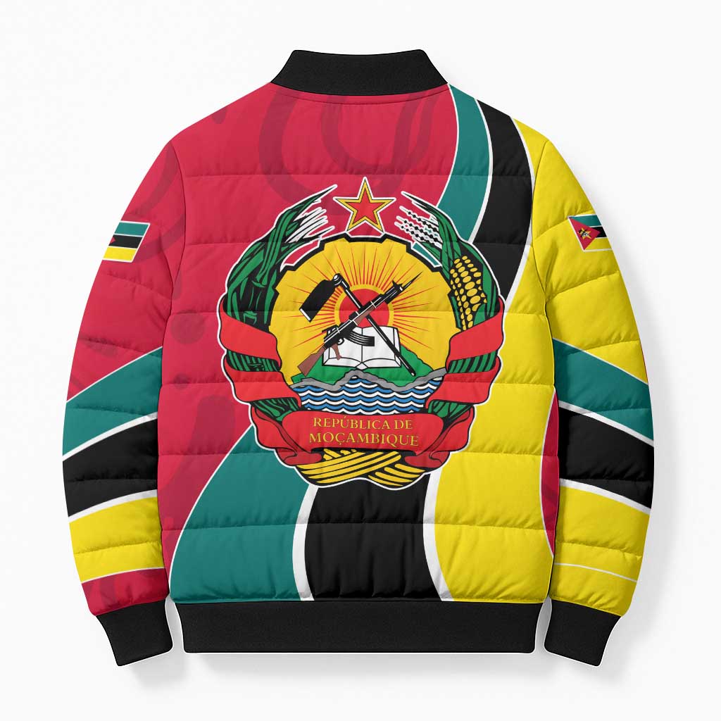 Mozambique Bomber Puffer Jacket with Red Yellow Green Wave Design and National Emblem - Wonder Print Shop