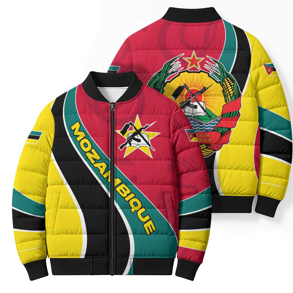 Mozambique Bomber Puffer Jacket with Red Yellow Green Wave Design and National Emblem - Wonder Print Shop