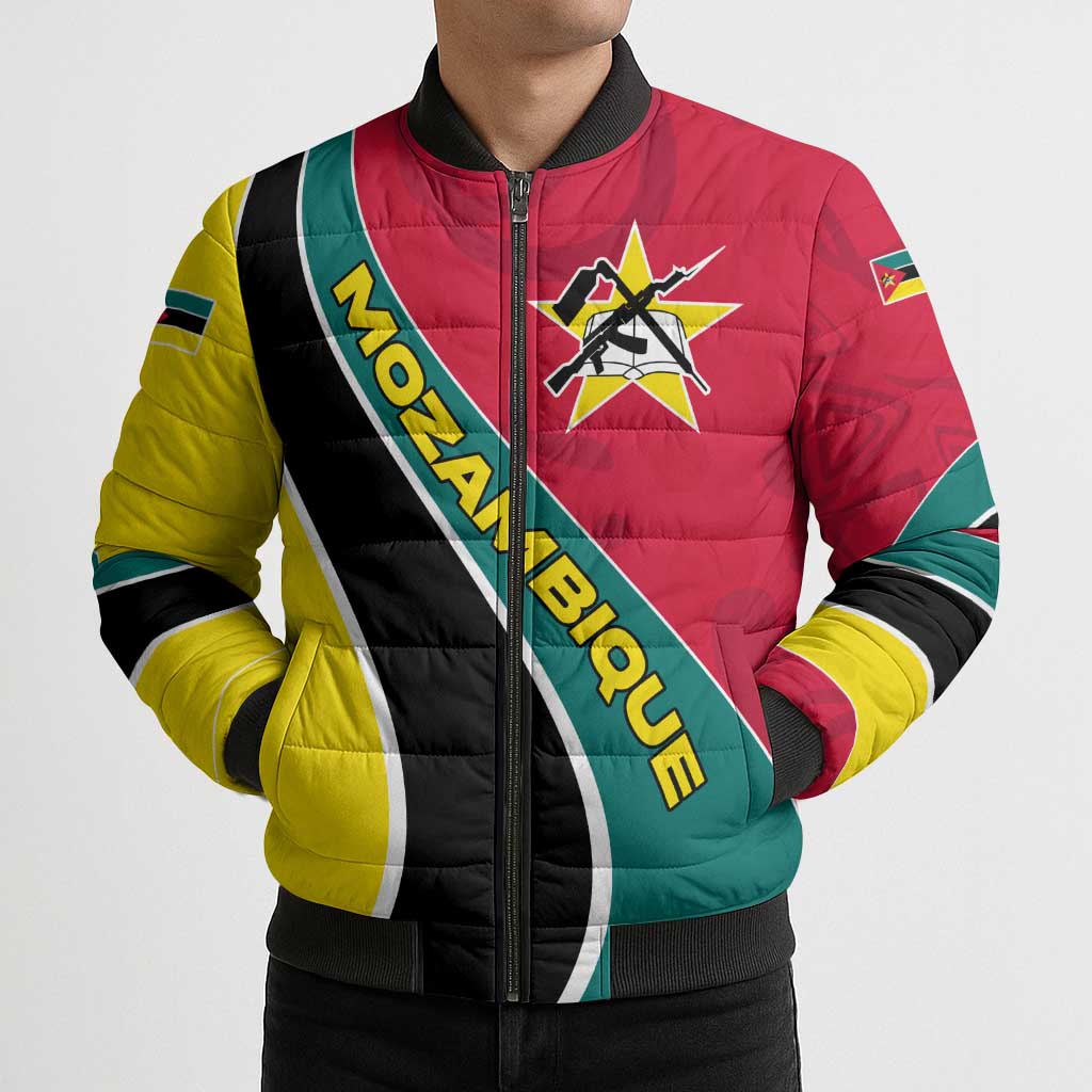 Mozambique Bomber Puffer Jacket with Red Yellow Green Wave Design and National Emblem - Wonder Print Shop