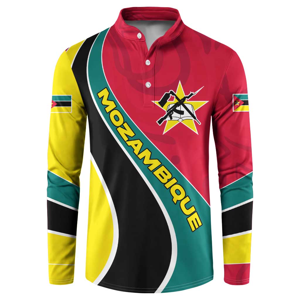 Mozambique Button Sweatshirt with Red Yellow Green Wave Design and National Emblem - Wonder Print Shop