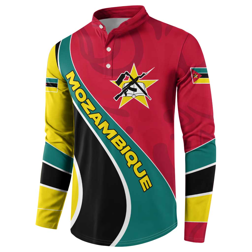Mozambique Button Sweatshirt with Red Yellow Green Wave Design and National Emblem - Wonder Print Shop
