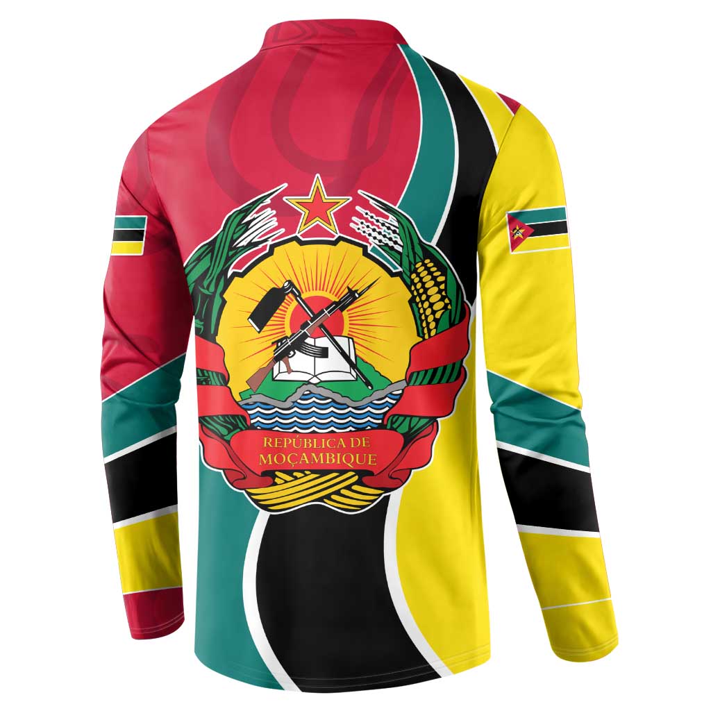 Mozambique Button Sweatshirt with Red Yellow Green Wave Design and National Emblem - Wonder Print Shop