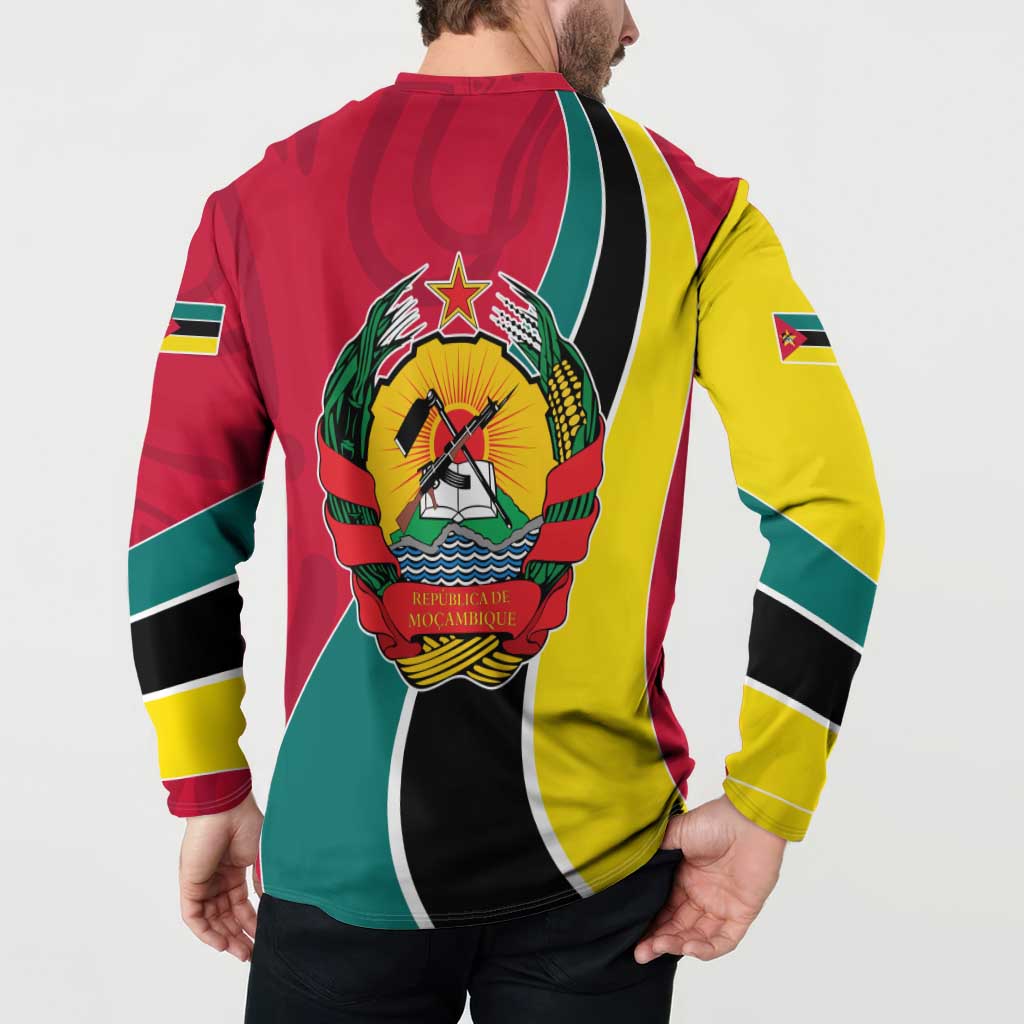 Mozambique Button Sweatshirt with Red Yellow Green Wave Design and National Emblem - Wonder Print Shop