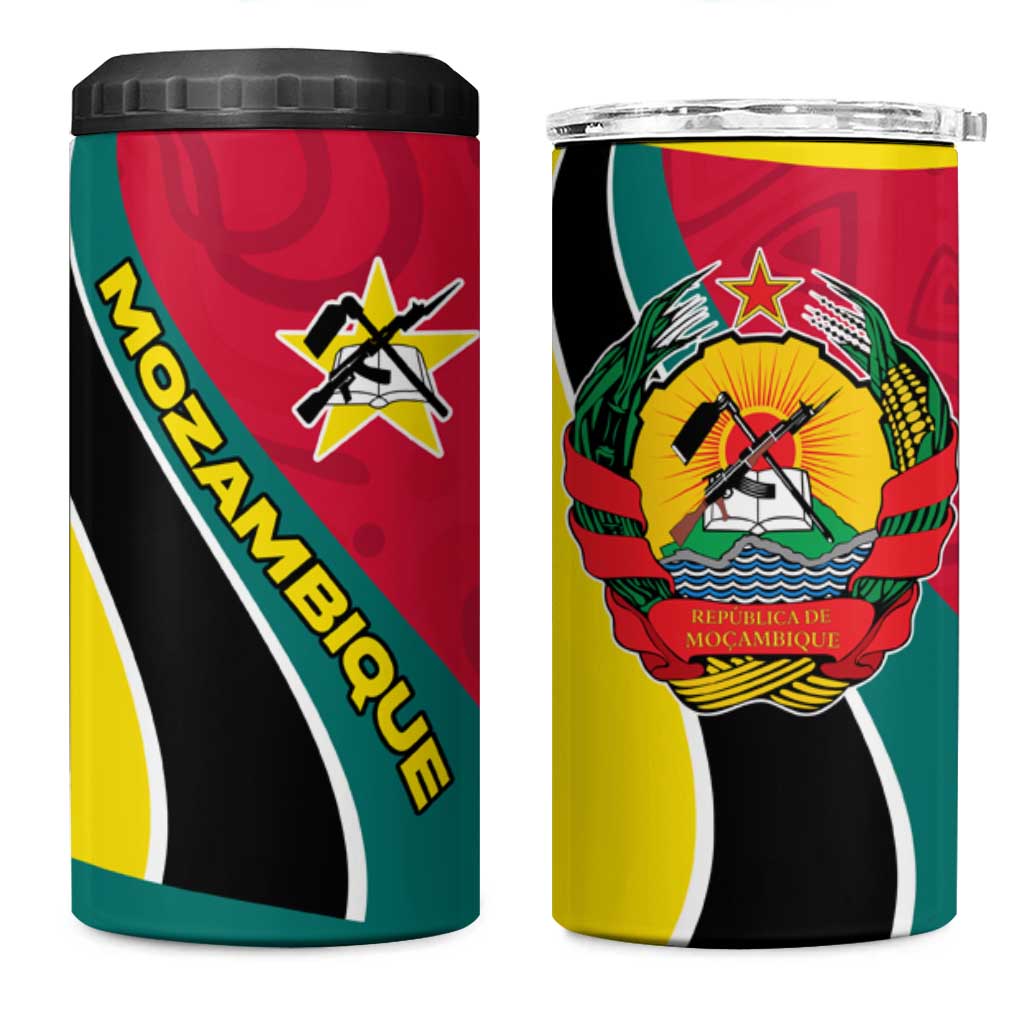 Mozambique 4 in 1 Can Cooler Tumbler with Red Yellow Green Wave Design and National Emblem - Wonder Print Shop
