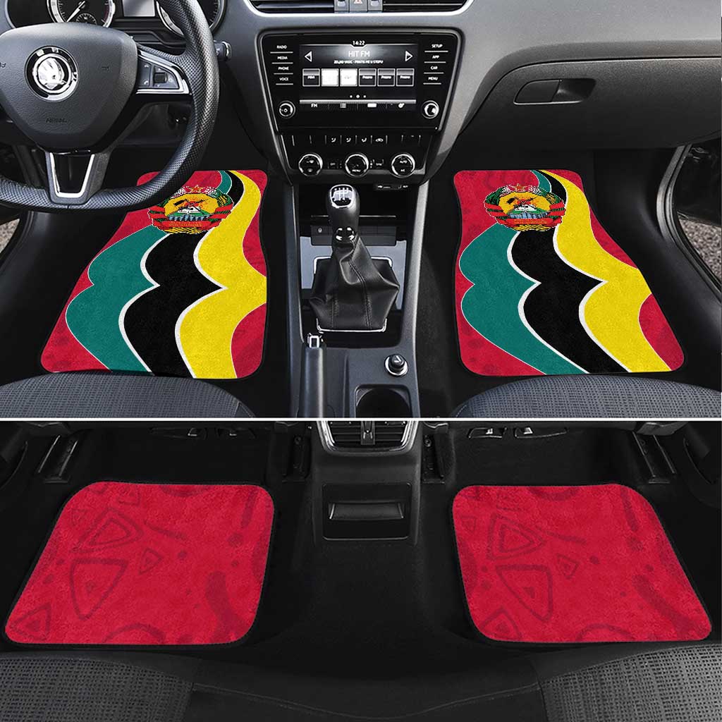 Mozambique Car Mats with Red Yellow Green Wave Design and National Emblem - Wonder Print Shop
