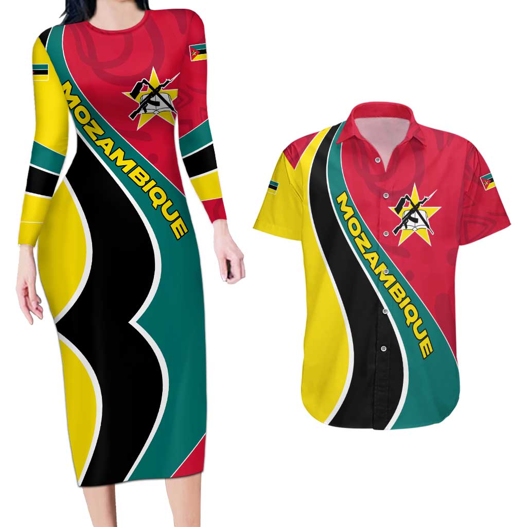 Mozambique Couples Matching Long Sleeve Bodycon Dress and Hawaiian Shirt with Red Yellow Green Wave Design and National Emblem - Wonder Print Shop