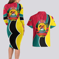 Mozambique Couples Matching Long Sleeve Bodycon Dress and Hawaiian Shirt with Red Yellow Green Wave Design and National Emblem - Wonder Print Shop