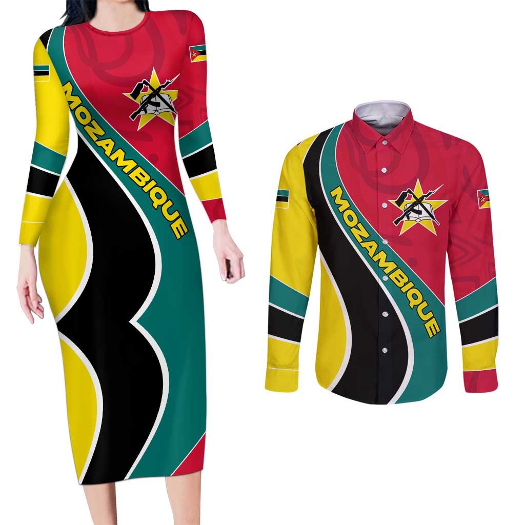 Mozambique Couples Matching Long Sleeve Bodycon Dress and Long Sleeve Button Shirt with Red Yellow Green Wave Design and National Emblem - Wonder Print Shop