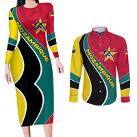 Mozambique Couples Matching Long Sleeve Bodycon Dress and Long Sleeve Button Shirt with Red Yellow Green Wave Design and National Emblem - Wonder Print Shop
