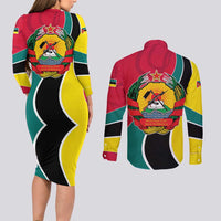 Mozambique Couples Matching Long Sleeve Bodycon Dress and Long Sleeve Button Shirt with Red Yellow Green Wave Design and National Emblem - Wonder Print Shop