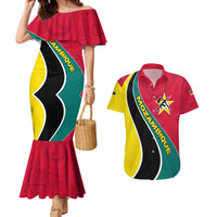 Mozambique Couples Matching Mermaid Dress and Hawaiian Shirt with Red Yellow Green Wave Design and National Emblem - Wonder Print Shop