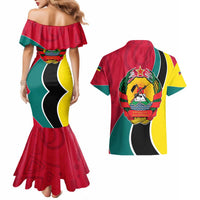 Mozambique Couples Matching Mermaid Dress and Hawaiian Shirt with Red Yellow Green Wave Design and National Emblem - Wonder Print Shop
