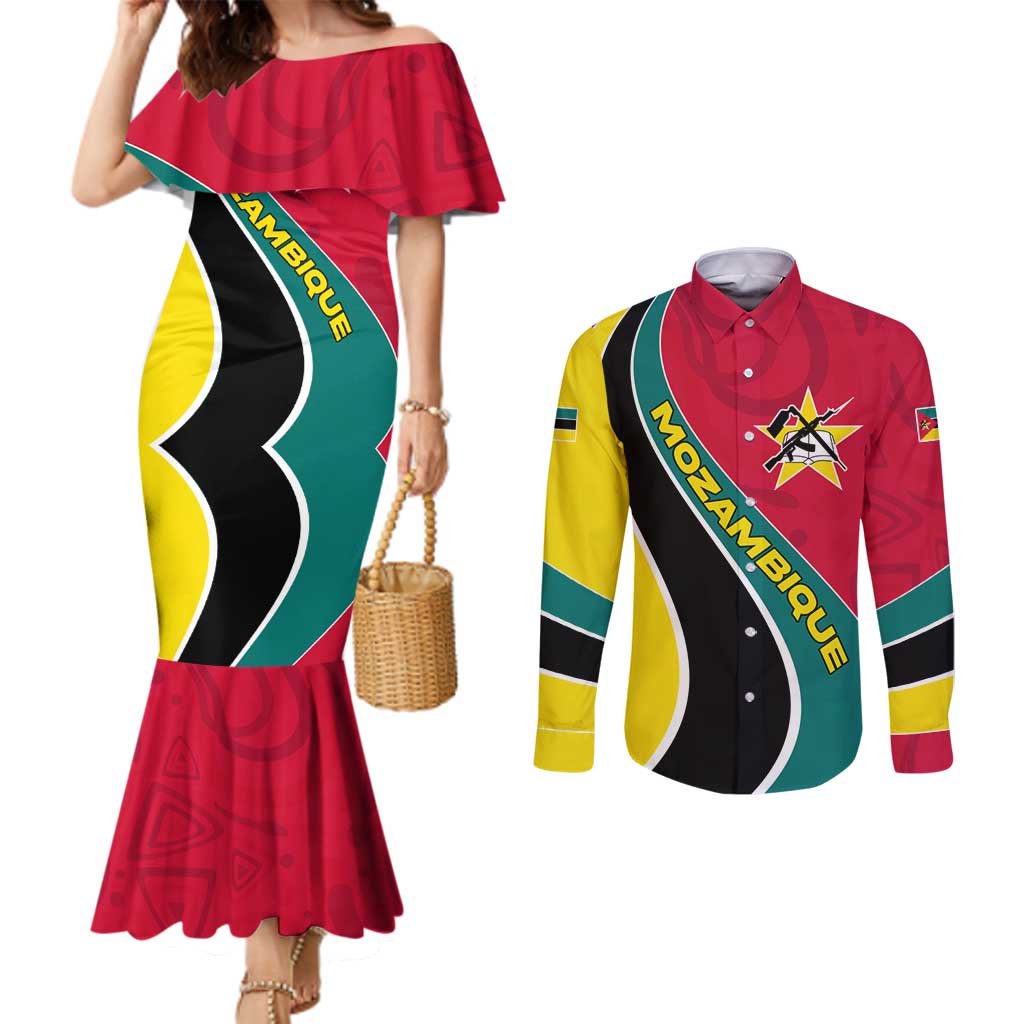 Mozambique Couples Matching Mermaid Dress and Long Sleeve Button Shirt with Red Yellow Green Wave Design and National Emblem - Wonder Print Shop