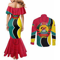 Mozambique Couples Matching Mermaid Dress and Long Sleeve Button Shirt with Red Yellow Green Wave Design and National Emblem - Wonder Print Shop