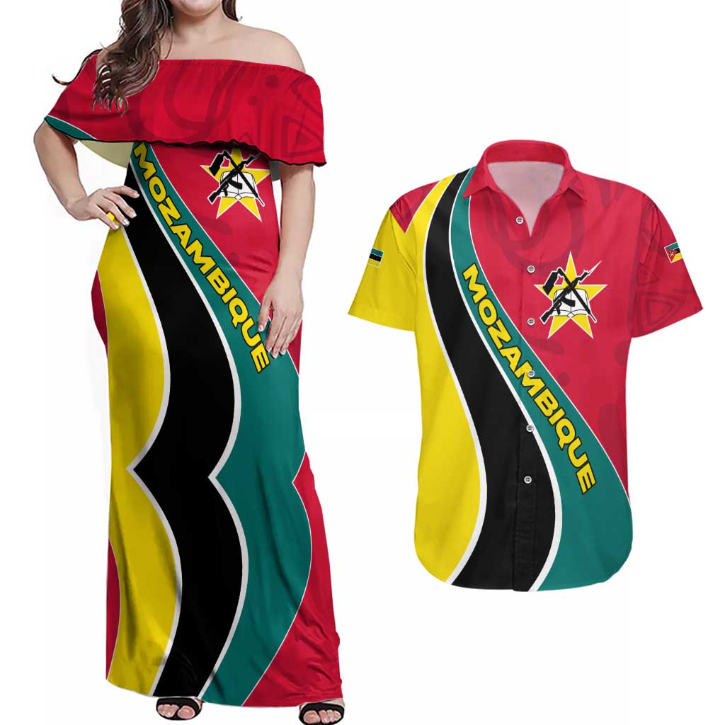 Mozambique Couples Matching Off Shoulder Maxi Dress and Hawaiian Shirt with Red Yellow Green Wave Design and National Emblem - Wonder Print Shop