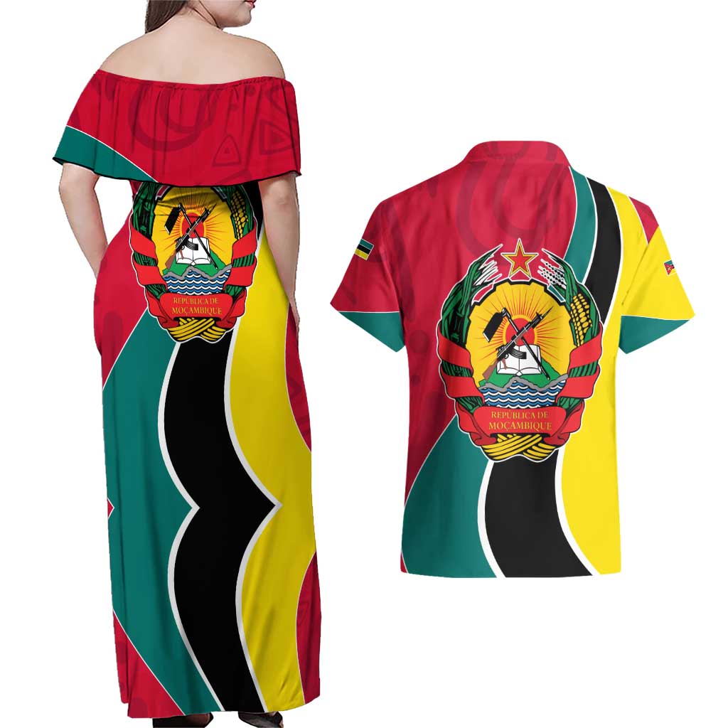 Mozambique Couples Matching Off Shoulder Maxi Dress and Hawaiian Shirt with Red Yellow Green Wave Design and National Emblem - Wonder Print Shop