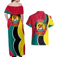 Mozambique Couples Matching Off Shoulder Maxi Dress and Hawaiian Shirt with Red Yellow Green Wave Design and National Emblem - Wonder Print Shop