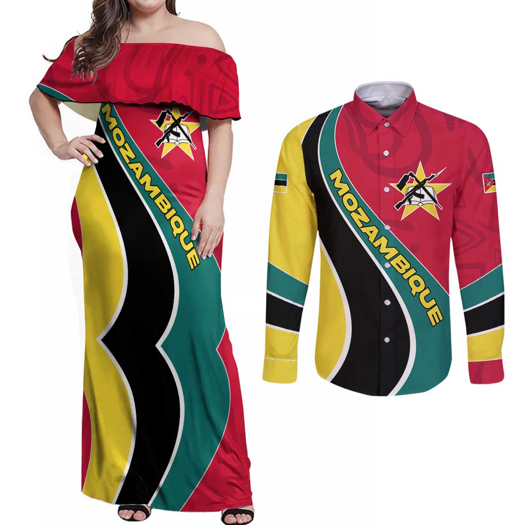 Mozambique Couples Matching Off Shoulder Maxi Dress and Long Sleeve Button Shirt with Red Yellow Green Wave Design and National Emblem - Wonder Print Shop
