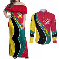 Mozambique Couples Matching Off Shoulder Maxi Dress and Long Sleeve Button Shirt with Red Yellow Green Wave Design and National Emblem - Wonder Print Shop