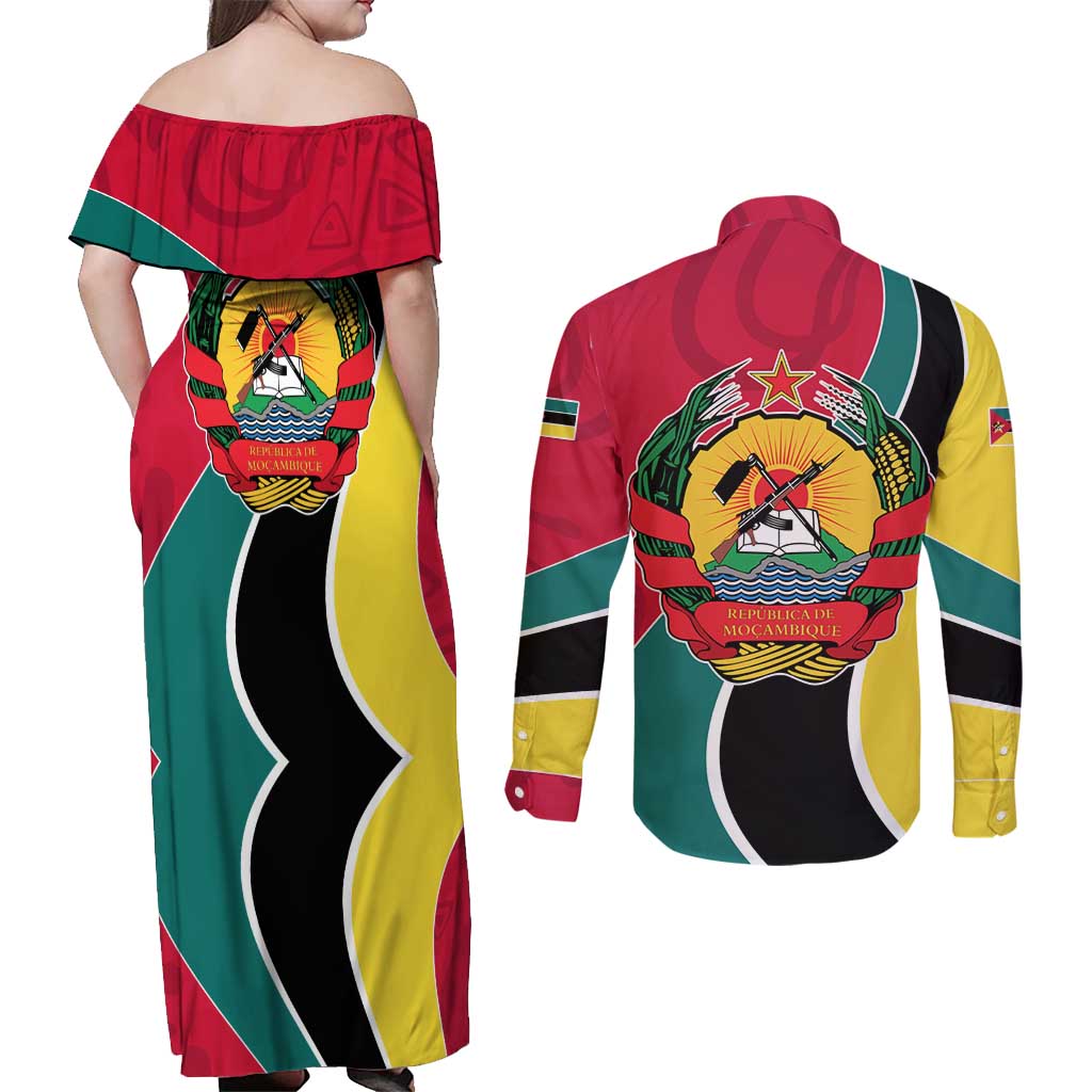 Mozambique Couples Matching Off Shoulder Maxi Dress and Long Sleeve Button Shirt with Red Yellow Green Wave Design and National Emblem - Wonder Print Shop