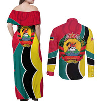 Mozambique Couples Matching Off Shoulder Maxi Dress and Long Sleeve Button Shirt with Red Yellow Green Wave Design and National Emblem - Wonder Print Shop