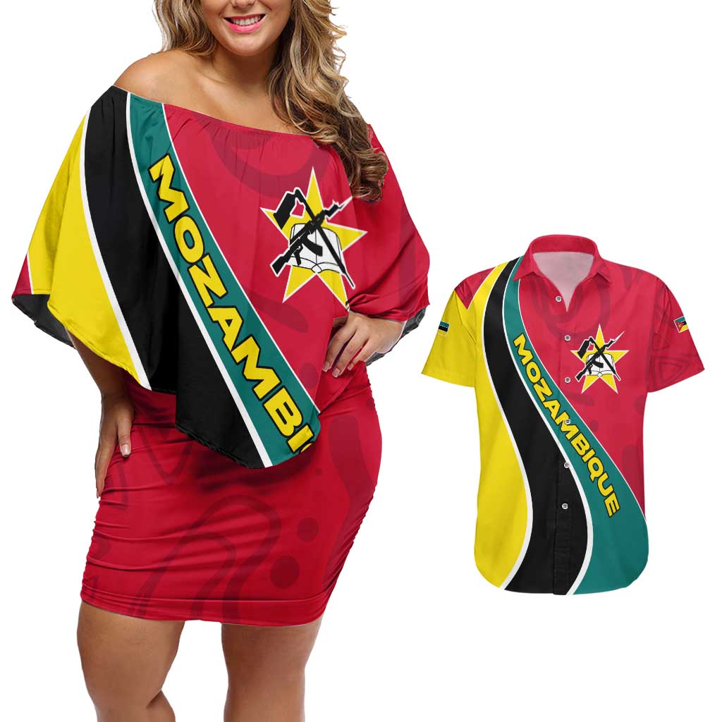 Mozambique Couples Matching Off Shoulder Short Dress and Hawaiian Shirt with Red Yellow Green Wave Design and National Emblem - Wonder Print Shop
