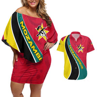 Mozambique Couples Matching Off Shoulder Short Dress and Hawaiian Shirt with Red Yellow Green Wave Design and National Emblem - Wonder Print Shop