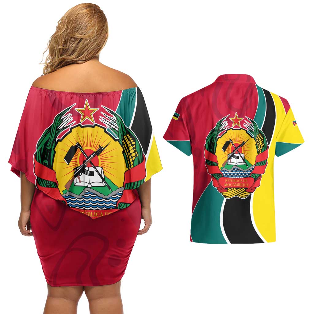 Mozambique Couples Matching Off Shoulder Short Dress and Hawaiian Shirt with Red Yellow Green Wave Design and National Emblem - Wonder Print Shop