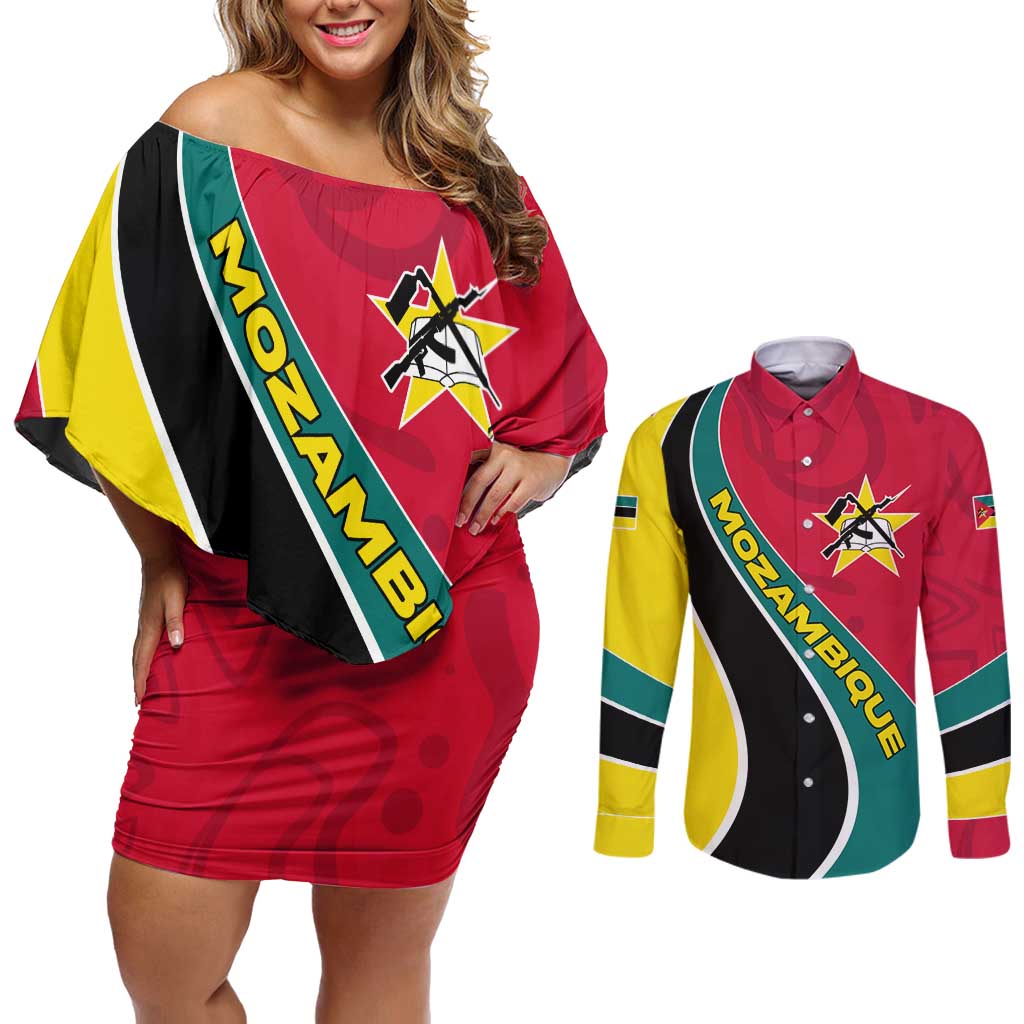Mozambique Couples Matching Off Shoulder Short Dress and Long Sleeve Button Shirt with Red Yellow Green Wave Design and National Emblem - Wonder Print Shop