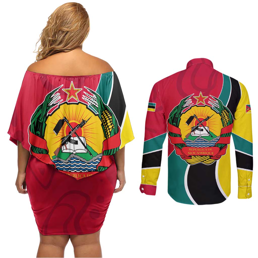 Mozambique Couples Matching Off Shoulder Short Dress and Long Sleeve Button Shirt with Red Yellow Green Wave Design and National Emblem - Wonder Print Shop