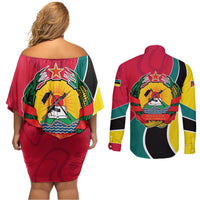 Mozambique Couples Matching Off Shoulder Short Dress and Long Sleeve Button Shirt with Red Yellow Green Wave Design and National Emblem - Wonder Print Shop