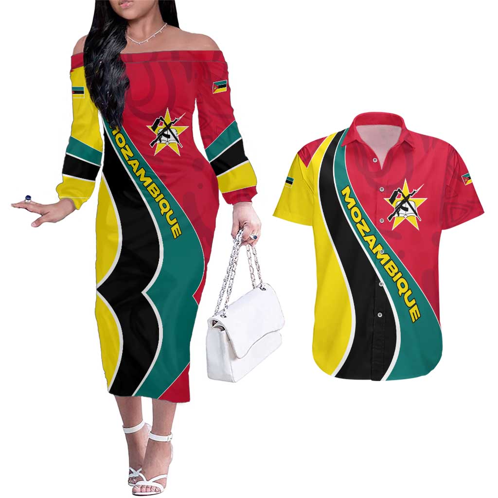 Mozambique Couples Matching Off The Shoulder Long Sleeve Dress and Hawaiian Shirt with Red Yellow Green Wave Design and National Emblem - Wonder Print Shop