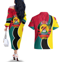 Mozambique Couples Matching Off The Shoulder Long Sleeve Dress and Hawaiian Shirt with Red Yellow Green Wave Design and National Emblem - Wonder Print Shop
