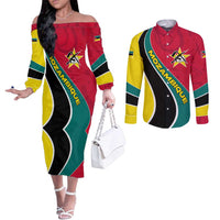 Mozambique Couples Matching Off The Shoulder Long Sleeve Dress and Long Sleeve Button Shirt with Red Yellow Green Wave Design and National Emblem - Wonder Print Shop