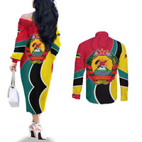 Mozambique Couples Matching Off The Shoulder Long Sleeve Dress and Long Sleeve Button Shirt with Red Yellow Green Wave Design and National Emblem - Wonder Print Shop