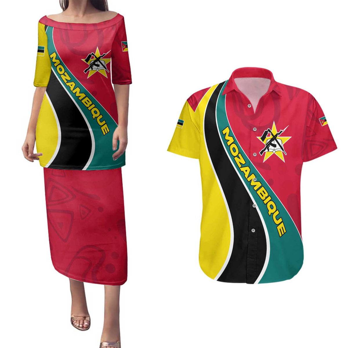 Mozambique Couples Matching Puletasi and Hawaiian Shirt with Red Yellow Green Wave Design and National Emblem - Wonder Print Shop