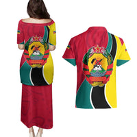 Mozambique Couples Matching Puletasi and Hawaiian Shirt with Red Yellow Green Wave Design and National Emblem - Wonder Print Shop