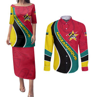 Mozambique Couples Matching Puletasi and Long Sleeve Button Shirt with Red Yellow Green Wave Design and National Emblem - Wonder Print Shop