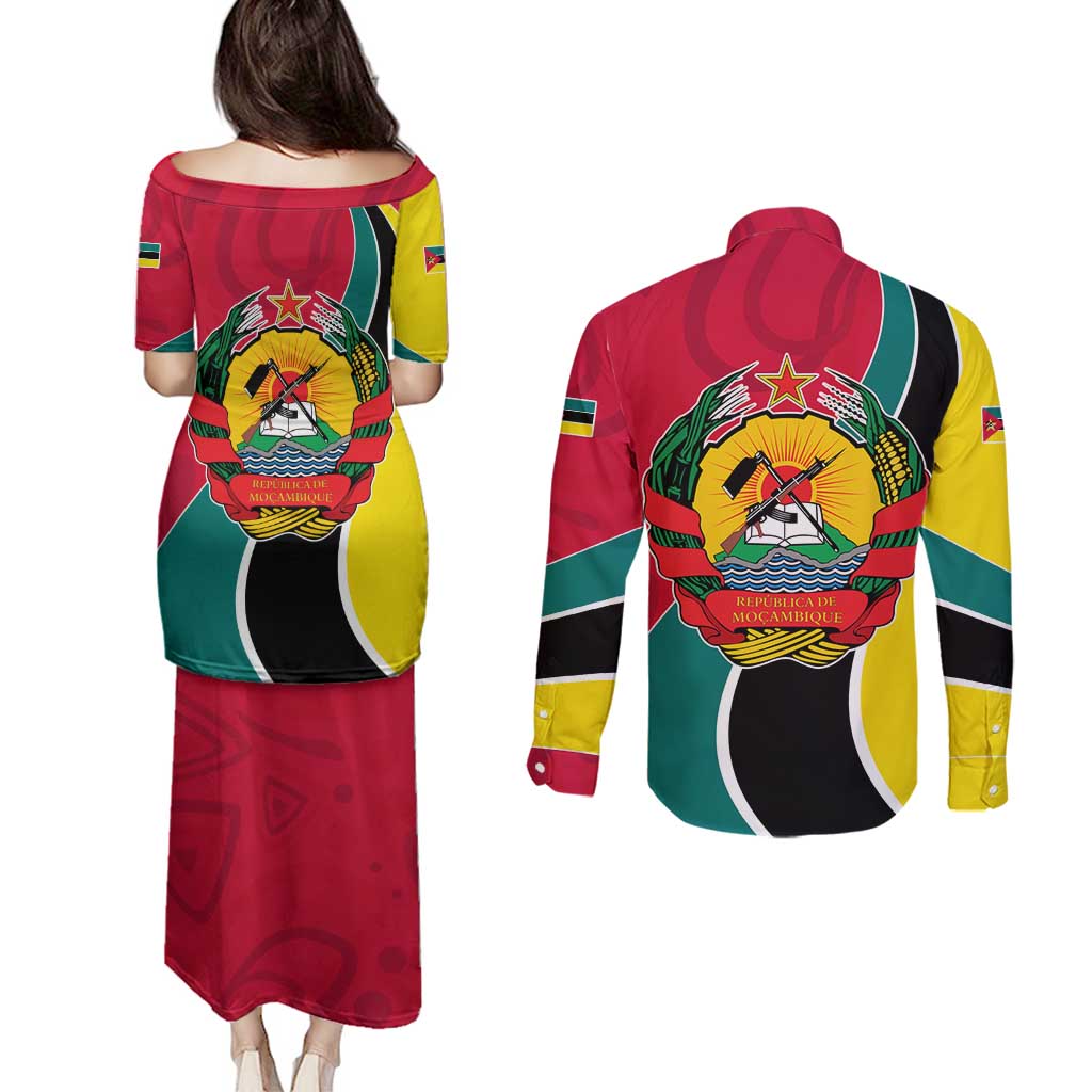 Mozambique Couples Matching Puletasi and Long Sleeve Button Shirt with Red Yellow Green Wave Design and National Emblem - Wonder Print Shop