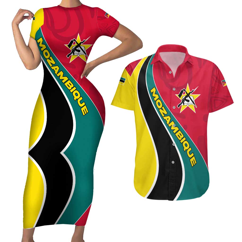 Mozambique Couples Matching Short Sleeve Bodycon Dress and Hawaiian Shirt with Red Yellow Green Wave Design and National Emblem - Wonder Print Shop